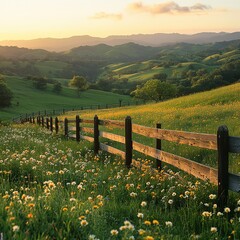 Fototapeta premium Rolling hills covered in fresh green grass, dotted with wildflowers in full bloom, with a wooden fence meandering through the picturesque landscape.