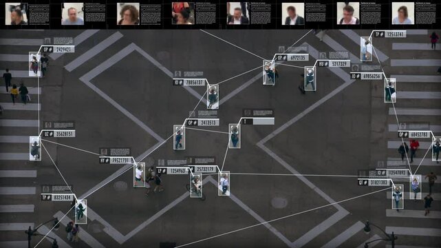 Surveillance interface using artificial intelligence and facial recognition systems to categorize individual data. Crosswalk full of people. Commuters image and personal info. Fake and blurred data.