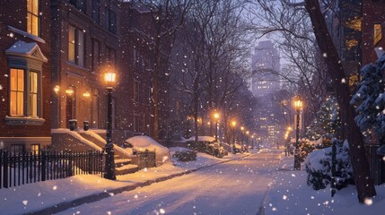 Snowy Street at Night: A Winter Wonderland in the City