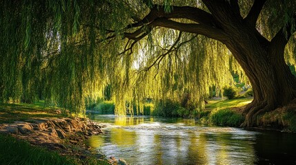 Tranquil riverside scene featuring a majestic willow tree cascading over water