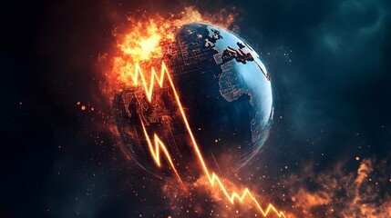 Obraz premium the Earth engulfed in flames with a downward-sloping graph, symbolizing the concept of global warming and economic downturn