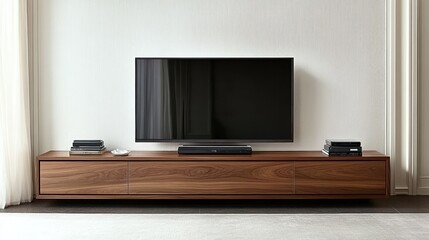 Modern Walnut TV Stand With Flat Screen and Minimalist Decor