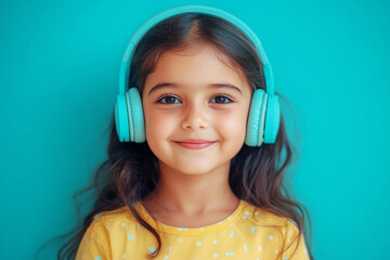 Portrait of a smiling Indian 8-year-old girl with headphones, mint background, perfect for a minimalist mock-up concept of music or studying