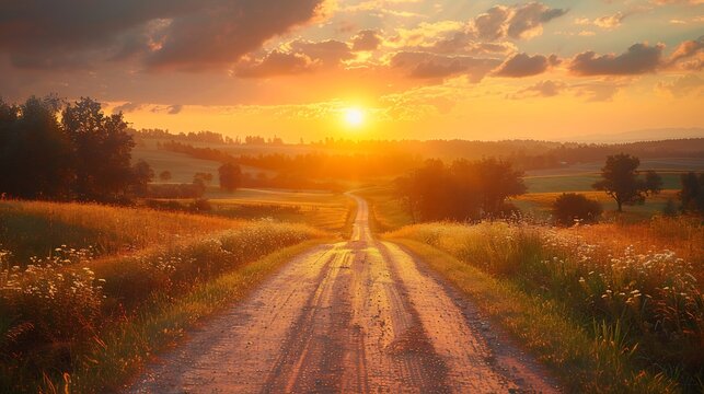 Warm golden sunset over quiet countryside road negative space for text placement