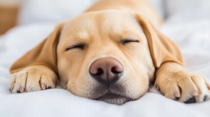National Pet Day, Adorable Golden Labrador Puppy Sleeping Peacefully on White Bedding