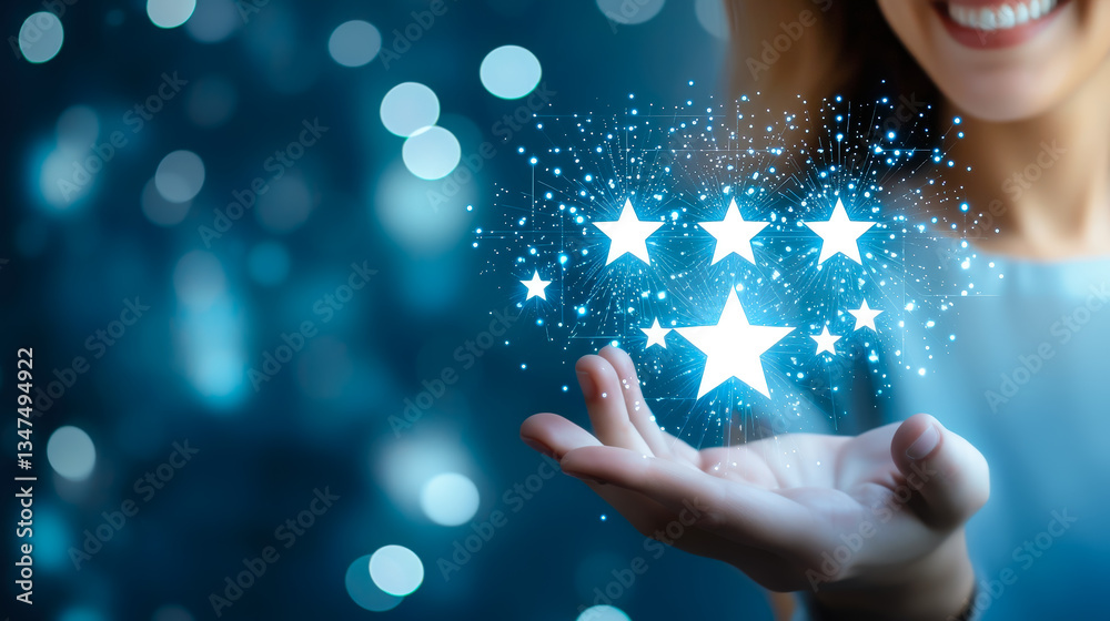Poster creating magic with glowing stars in the palm of a hand during a festive moment