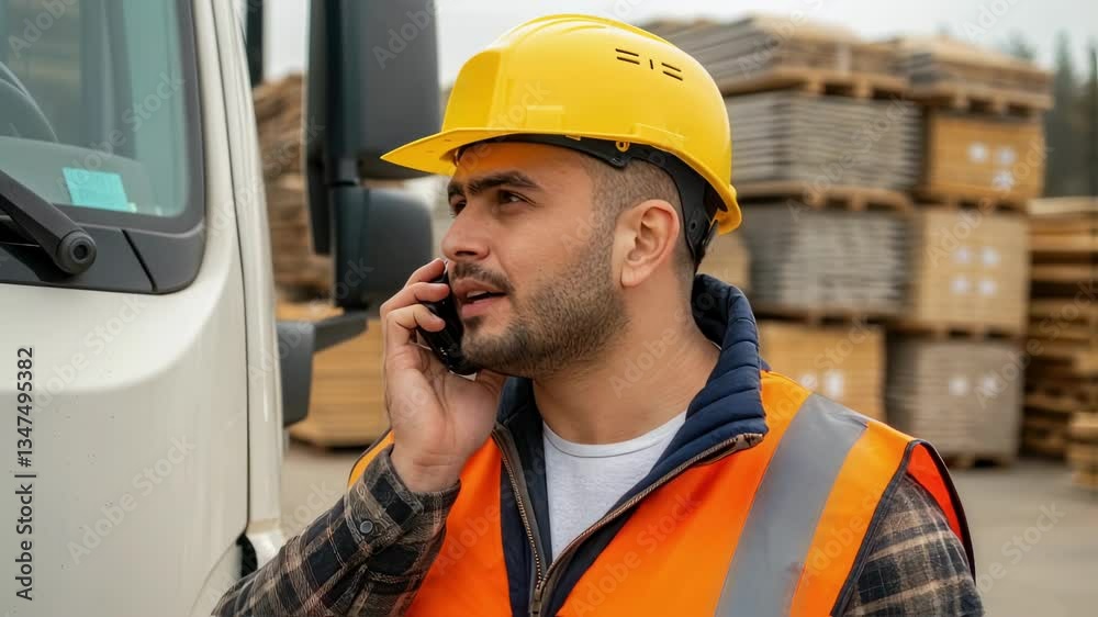 Poster warehouse worker wearing a safety helmet and vest is using a walkie talkie to communicate while stan