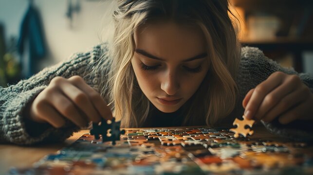 a young woman intensely focused on completing a jigsaw puzzle at home, showcasing her problem-solving skills and patience