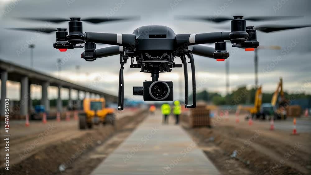 Poster professional quadcopter with camera monitors progress on a large construction site, flying over work