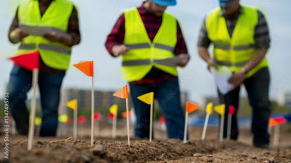 Poster construction engineers in safety vests and helmets are reviewing blueprints on a site marked with co