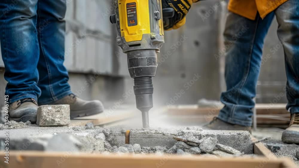 Poster professional construction worker breaking concrete slab with powerful jackhammer, generating dust an