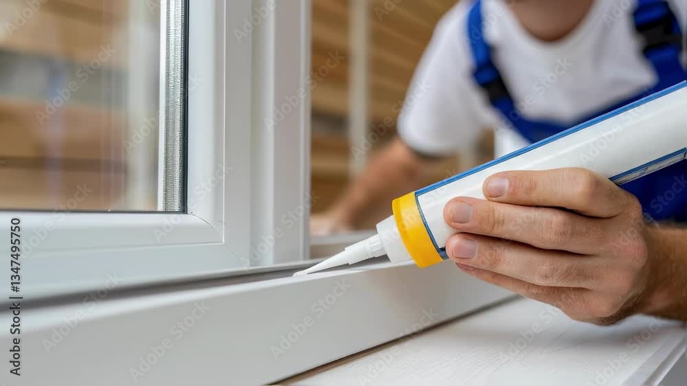 Poster professional builder carefully applying window sealant, filling seams with precision to enhance ther