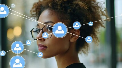 Network of connections symbolizing communication and interaction over biracial woman in urban setting, network of connections with icons over biracial businessman having video call - Powered by Adobe