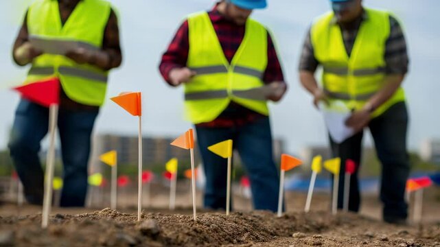 Construction engineers in safety vests and helmets are reviewing blueprints on a site marked with colorful flags, possibly indicating future building locations or utility lines