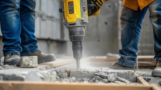 Professional construction worker breaking concrete slab with powerful jackhammer, generating dust and debris during demolition process at building site
