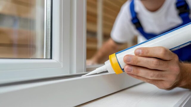 Professional builder carefully applying window sealant, filling seams with precision to enhance thermal and acoustic insulation for home improvement and energy efficiency