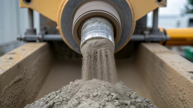 Rotating screw conveyor transferring fresh cement mix, cascading into wooden formwork and creating concrete pile during active construction process at industrial building site
