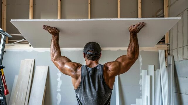 Construction worker lifting heavy drywall panel with professional precision, showcasing muscular strength during complex building renovation process