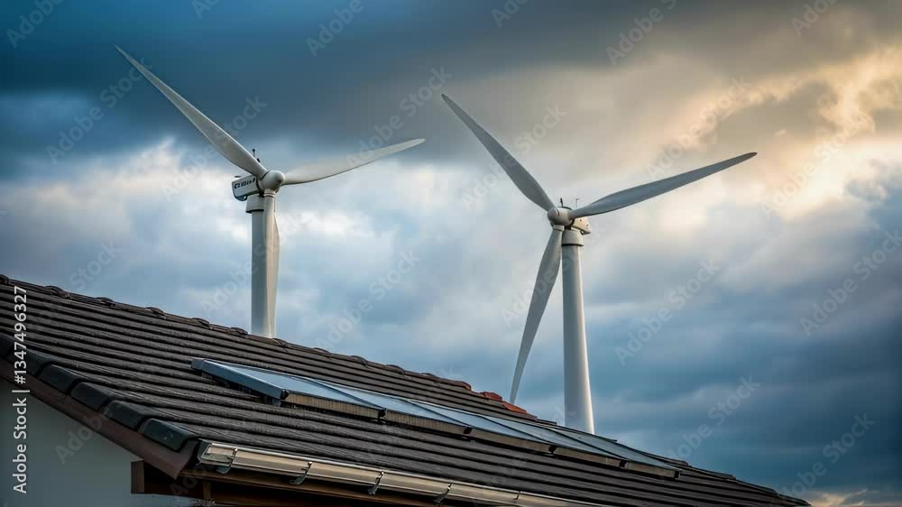 Poster small wind turbines are rotating on the roof of a residential building equipped with solar panels, g