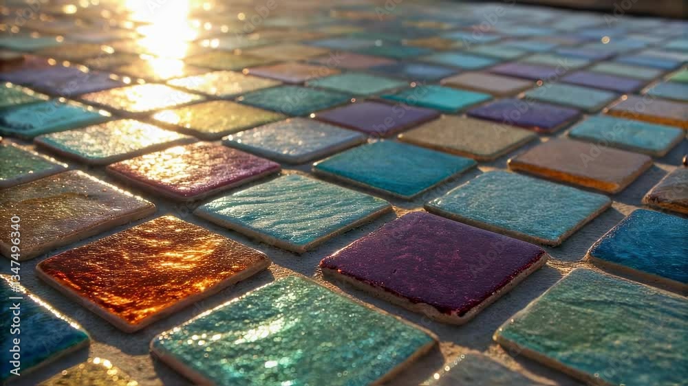 Aufkleber Warm golden sunlight cascading across intricate mosaic tile surface, generating radiant luminosity through dynamic color interactions and shimmering architectural textures