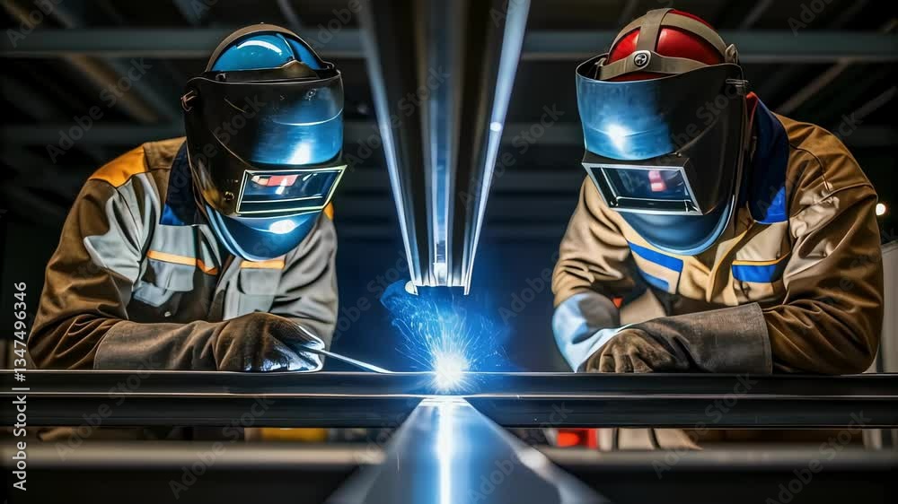 Poster two skilled welders in protective gear meticulously join metal components using specialized equipmen
