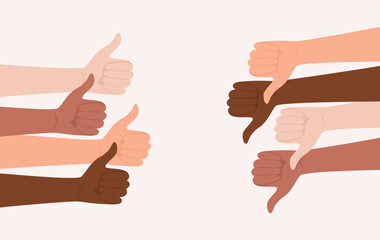 Hands of people of different nationalities and skin tones showing thumbs up and thumbs down gestures opposite to each other. Flat vector illustration