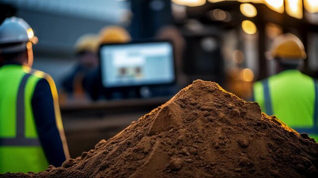 Construction engineers and supervisors analyze soil samples using specialized software on a computer at a construction site during sunset, ensuring project stability and regulatory compliance