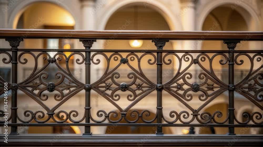 Poster sunlight illuminates an ornate wrought iron railing with a warm glow, showcasing its intricate desig
