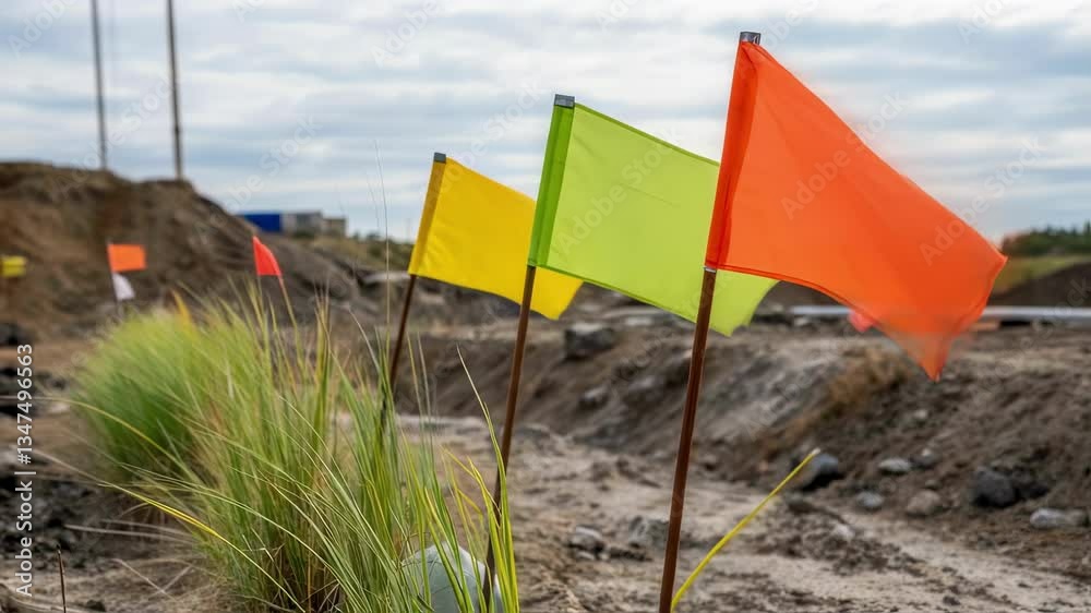 Poster bright orange and yellow flags flutter in the breeze at a construction or excavation site, marking b