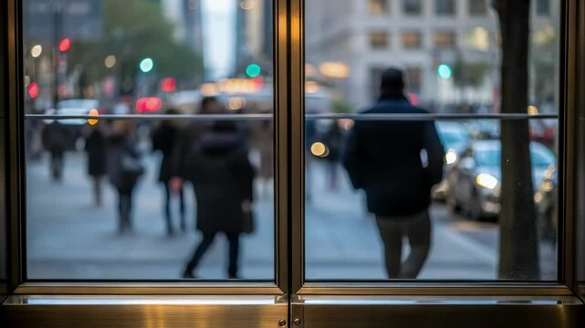 Urban activity unfolds outside a building, with pedestrians and vehicles moving along a busy street, observed through multiple window panes, creating a sense of detachment and anonymity