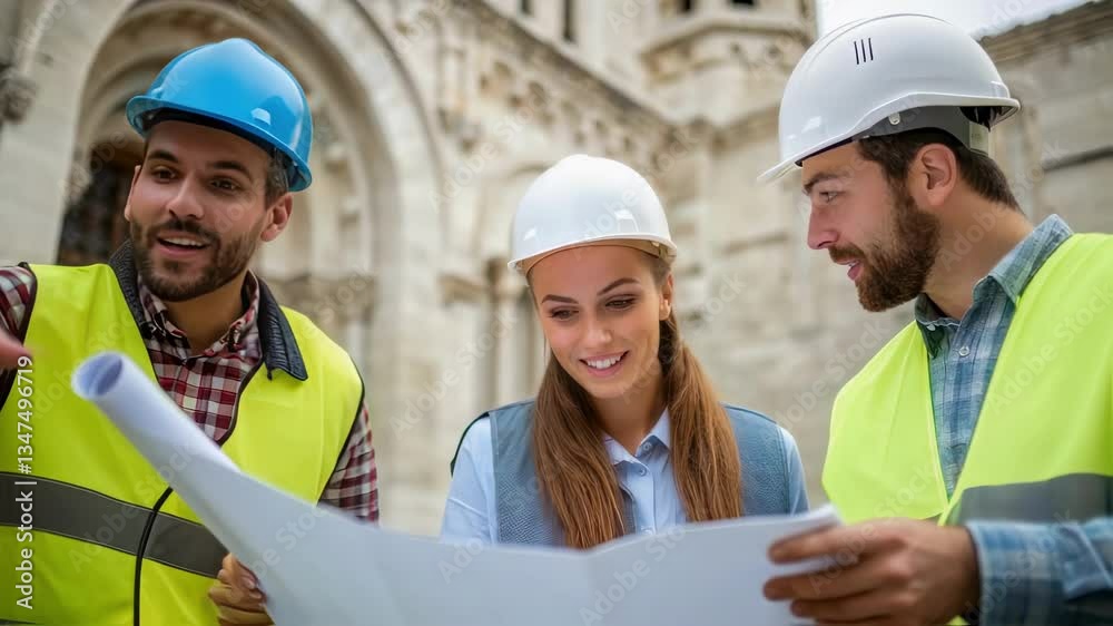 Poster Architects and engineers wearing safety helmets are discussing and analyzing blueprints in front of a historical building, showcasing teamwork and expertise in architectural design and restoration