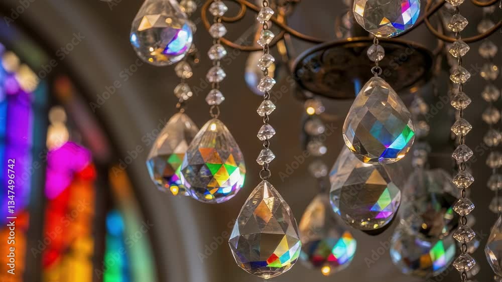 Poster elegant crystal chandelier prisms reflecting the vibrant colors of a stained glass window, creating 