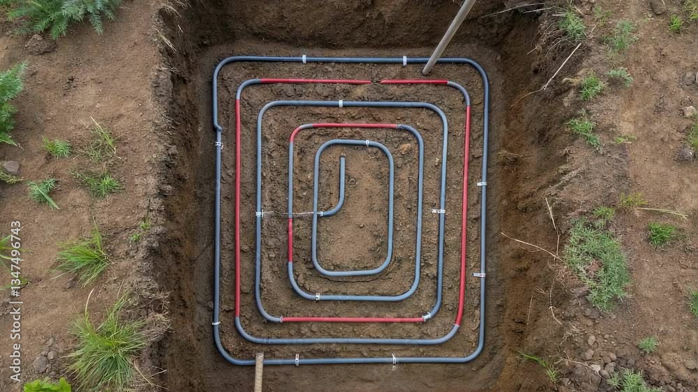 Poster Workers are installing a geothermal ground loop system, featuring colorful pipes laid out in a rectangular pattern within a dug out trench, designed for efficient heat exchange with the earth