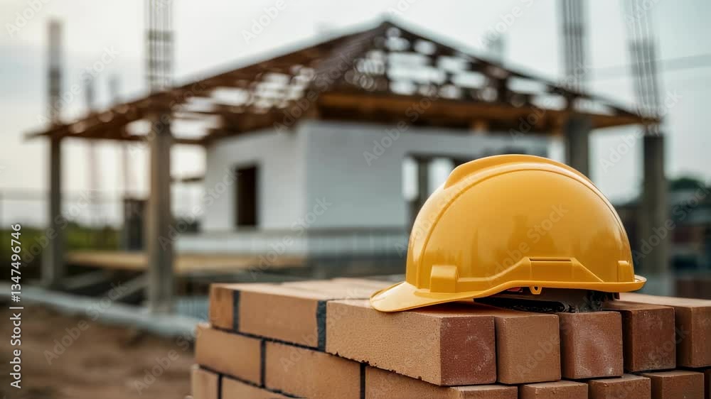 Poster Yellow hard hat resting on neatly stacked bricks symbolizing construction safety protocols and professional standards at residential building development site