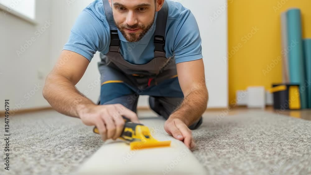 Poster professional craftsman uses specialized tool to stretch and secure carpet, ensuring smooth and wrink