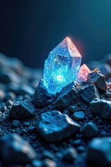 Obraz premium Glittering crystal formation on rocky terrain, minerals, blue, landscape