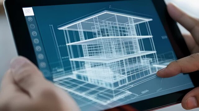 Professional architect analyzing detailed 3d building model on tablet, rotating and examining architectural design from multiple perspectives against clean white background