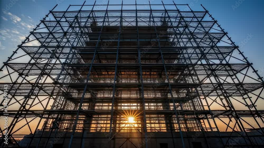 Aufkleber warm sunlight shines through metal scaffolding surrounding a building under construction, creating a