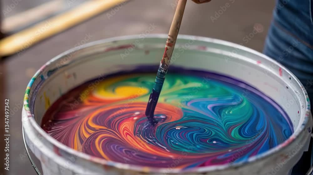 Poster vibrant paint swirling through liquid canvas, wooden stick blending rainbow colors into mesmerizing 