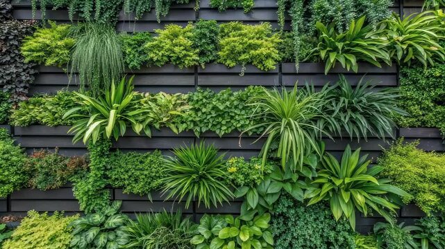 Beautiful plants thrive on a modern vertical garden, creating a vibrant, natural wall that enhances interior design with a touch of eco consciousness
