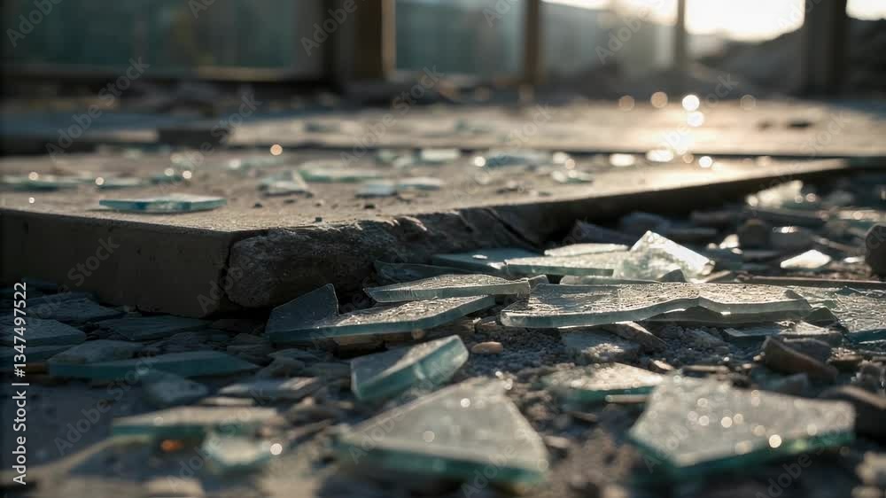 Poster Sunlight glimmering across scattered glass fragments resting on rough concrete, casting prismatic reflections amid architectural decay and fragmented surfaces