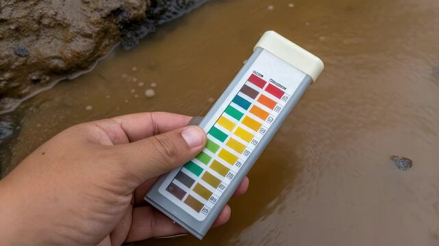 Environmental technician measuring water quality, checking ph balance and chemical composition using litmus paper during field research for ecological monitoring and water resource assessment