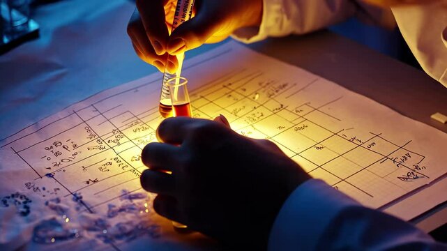 Child conducts a science experiment using a pipette in a dimly lit room, Conducting science experiment, child using pipette over chemical formulas