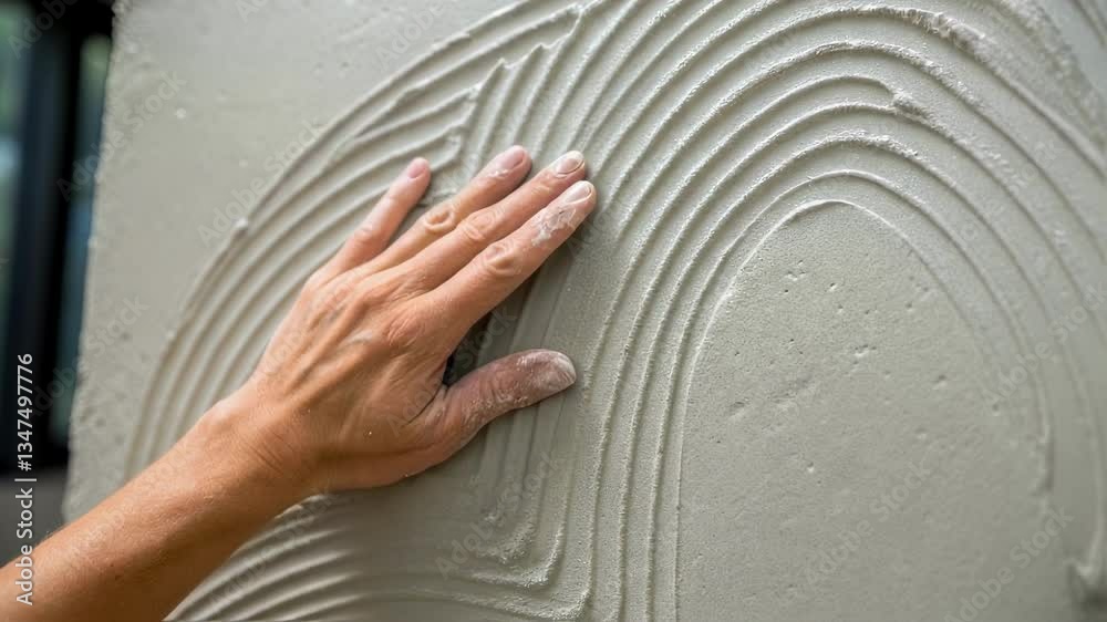 Aufkleber Skilled construction professional smoothing wet concrete plaster by hand, creating intricate decorative texture on building wall with precise craftsmanship and expert finishing technique