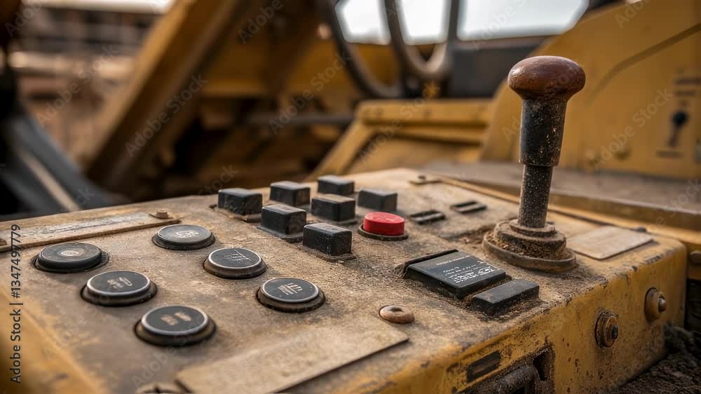 Poster Industrial grader control panel featuring tactile joystick and buttons being manipulated during precision ground leveling work at active construction site