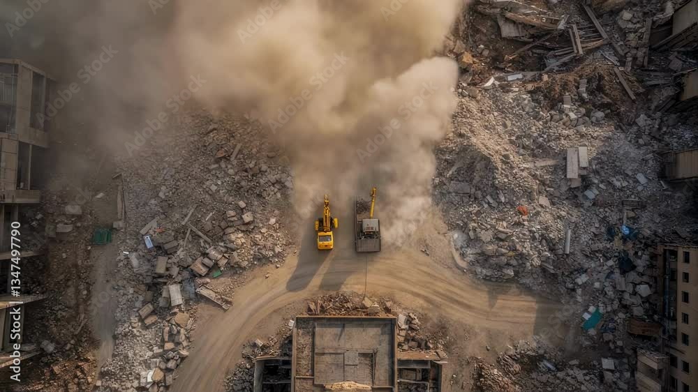 Poster heavy duty excavators dismantling concrete structure, generating massive dust cloud while clearing u