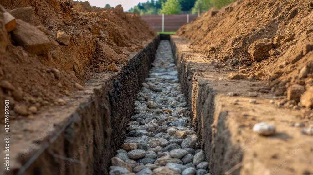 Poster construction workers are preparing a foundation drainage system by creating a gravel trench, ensurin