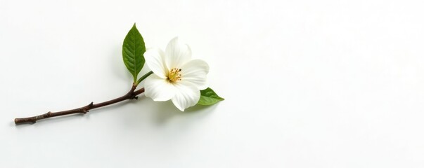 Obraz premium Single branch with a few leaves and a small flower on white background, organic, plant, petals
