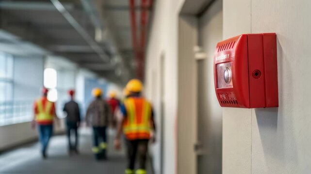 Red manual fire alarm activation system mounted on a white wall, with blurred construction workers walking in the background inside a building