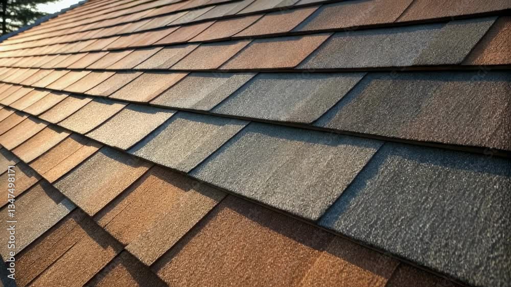 Poster warm sunlight illuminates a sloped roof covered with modern architectural asphalt shingles in shades